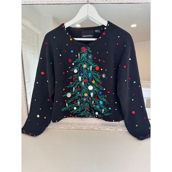 Michael Simon Holiday Beaded Cardigan Sweater Christmas Tree Medium - Picture 1 of 6